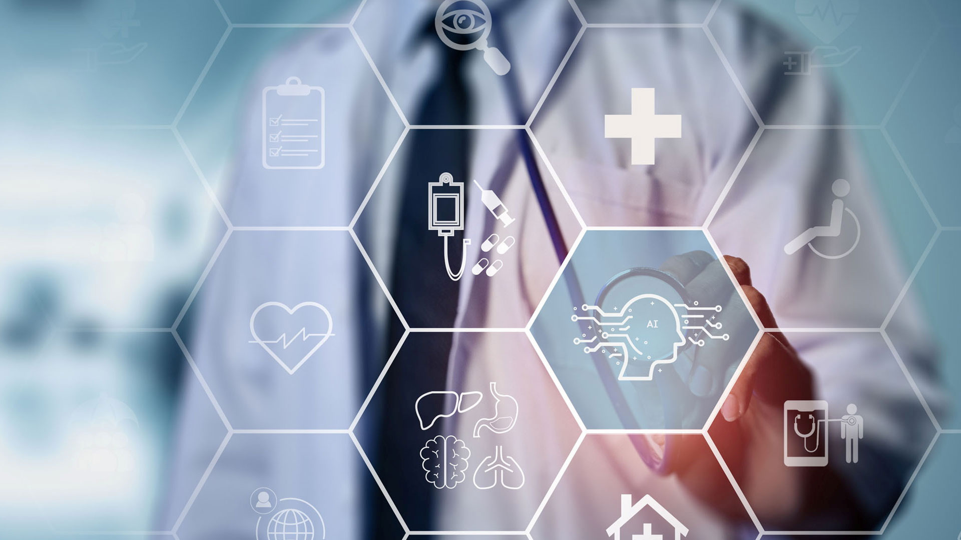 A doctor in a white coat interacts with a digital interface composed of hexagonal icons representing various medical and healthcare concepts, such as AI, a cross, a stethoscope, a heart, lungs, a clipboard, and a home with a medical symbol.