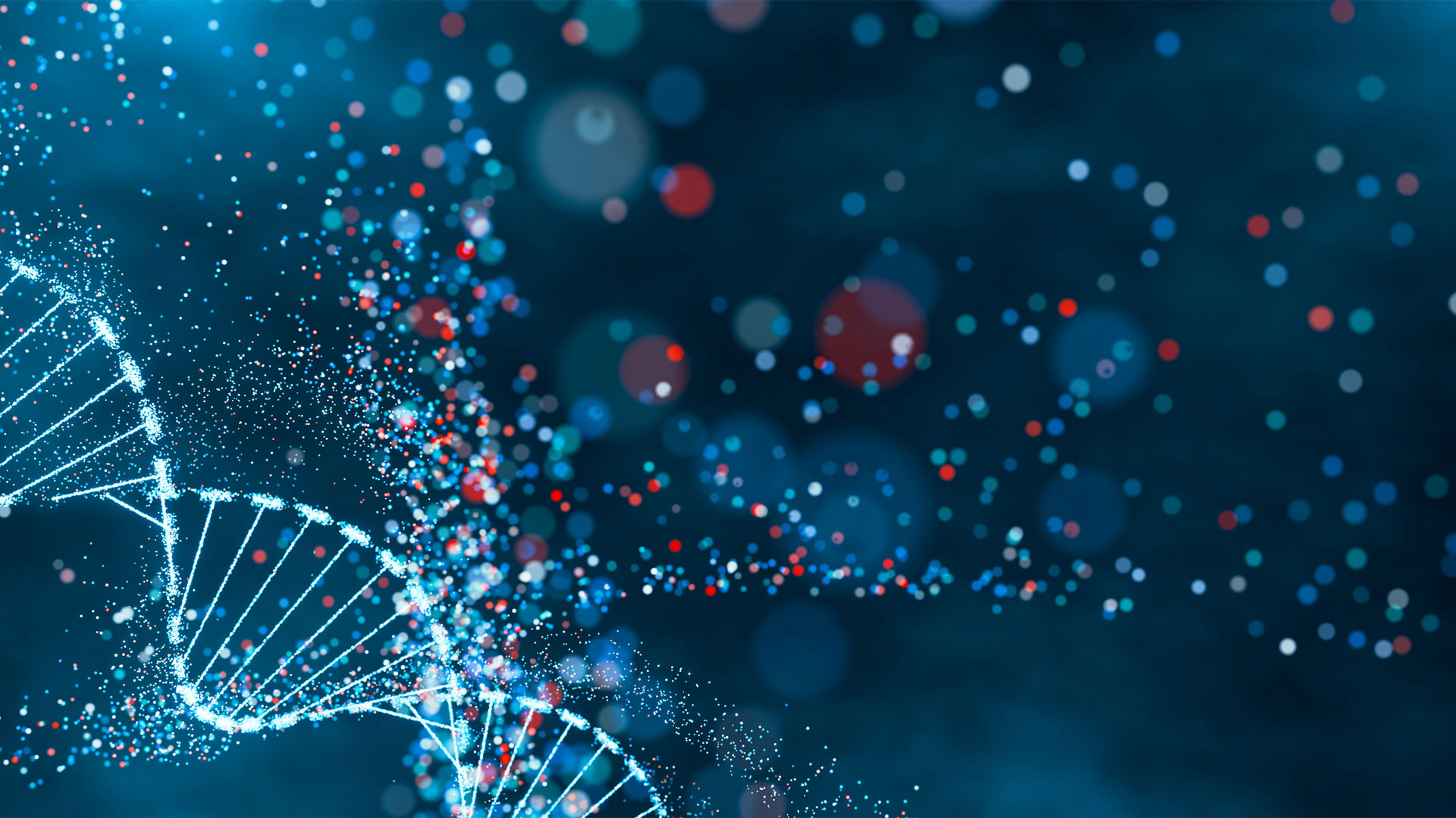 Abstract image of a glowing blue DNA helix on the left with scattered multicolored particles on a dark background.
