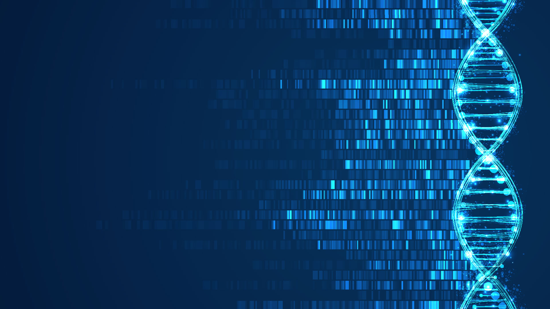 Digital illustration of a glowing blue DNA double helix on the right side, with horizontal lines and data patterns resembling genetic code on a dark blue background.
